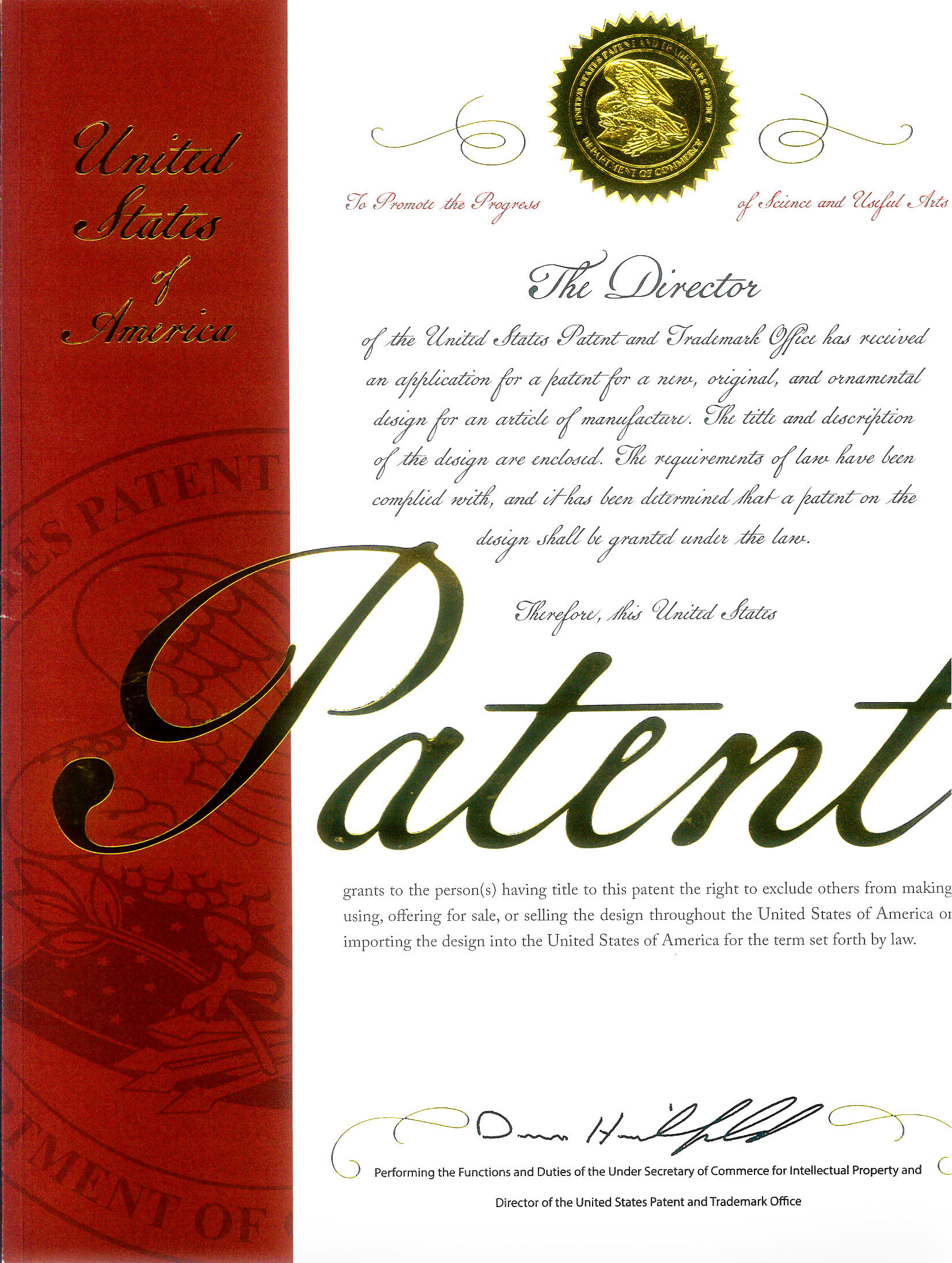 U.S. new design patent certificate